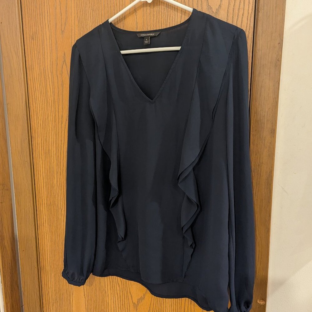 Banana Republic Navy V Neck Ruffle Blouse-Size Small